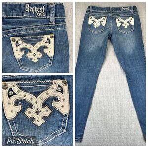 Vintage 90s Y2K Request Jeans  Rhinestone‎ Studded Women 7/28(30X31) low rise